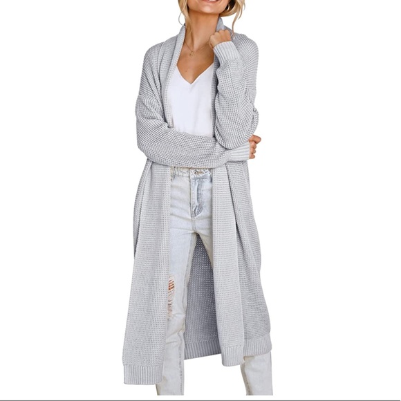 Long Cardigan Sweater Oversized Slouchy Knit Chunky Open Front, Light Gray - Picture 3 of 6